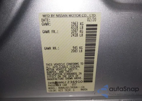 2020 Nissan Altima S Fwd z USA, uszkodzony, nr VIN 1N4BL4BVXLC236910